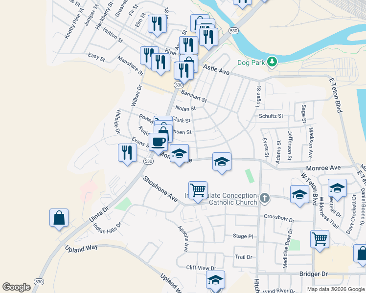 map of restaurants, bars, coffee shops, grocery stores, and more near 175 Monroe Avenue in Green River