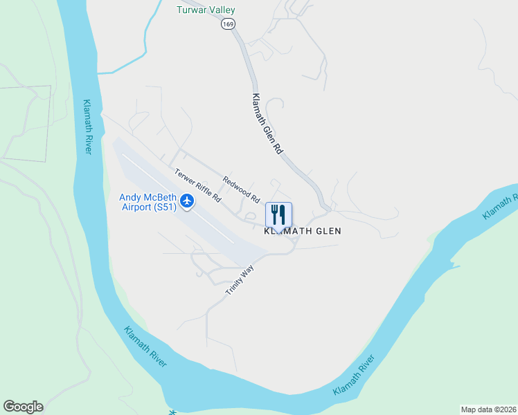 map of restaurants, bars, coffee shops, grocery stores, and more near 341 Terwer Riffle Road in Klamath
