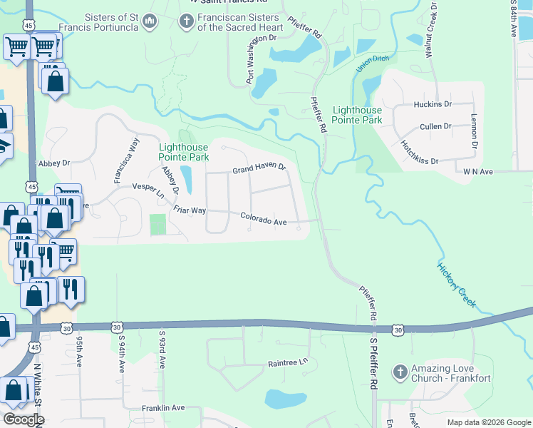 map of restaurants, bars, coffee shops, grocery stores, and more near 20698 Eagle Bluff Court in Frankfort