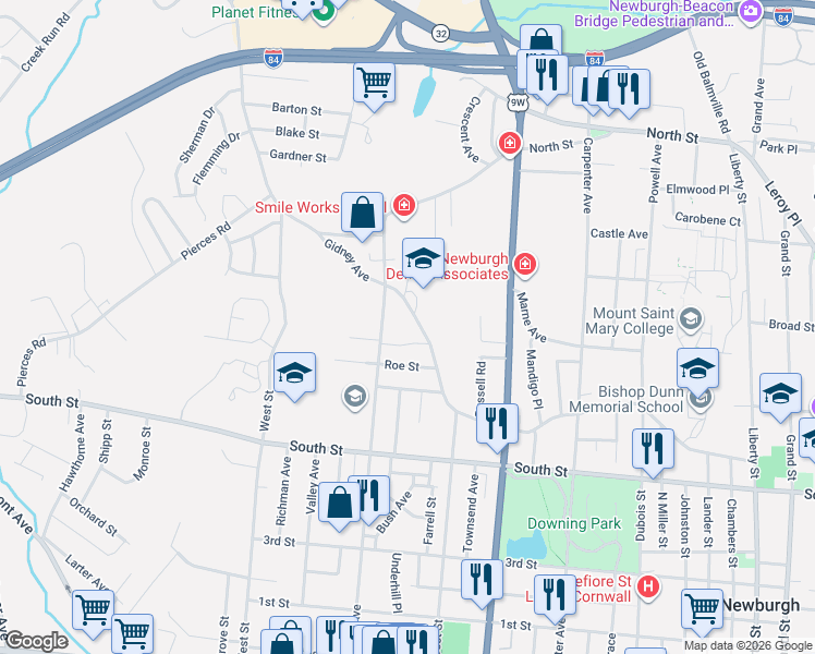 map of restaurants, bars, coffee shops, grocery stores, and more near 3 Gedney Way in Newburgh