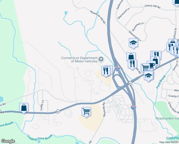 map of restaurants, bars, coffee shops, grocery stores, and more near 117 Briar Lane in Norwich