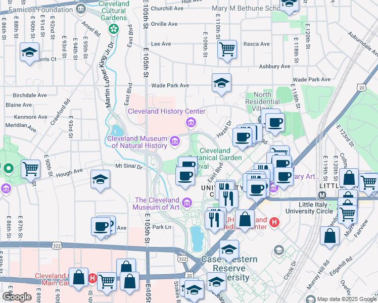 map of restaurants, bars, coffee shops, grocery stores, and more near Wade Oval Drive in Cleveland