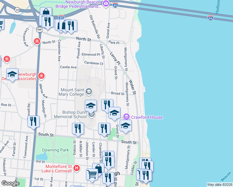 map of restaurants, bars, coffee shops, grocery stores, and more near Grand Street & Broad Street in Newburgh