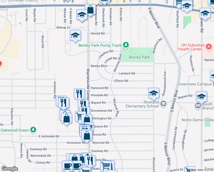 map of restaurants, bars, coffee shops, grocery stores, and more near 4053 Hinsdale Road in South Euclid