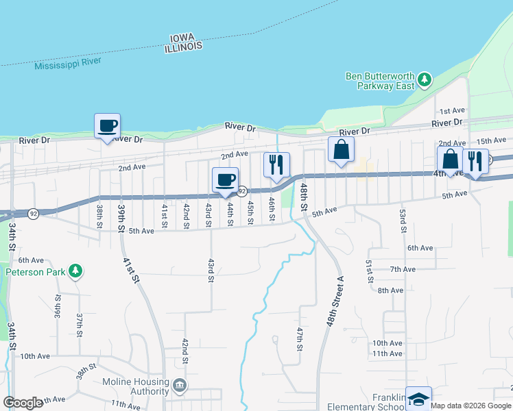 map of restaurants, bars, coffee shops, grocery stores, and more near 4511 5th Avenue in Moline