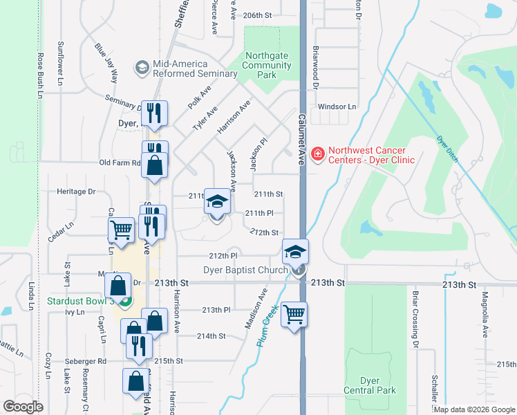 map of restaurants, bars, coffee shops, grocery stores, and more near 702 211th Pl in Dyer