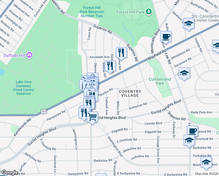 map of restaurants, bars, coffee shops, grocery stores, and more near 1783 Cadwell Avenue in Cleveland Heights