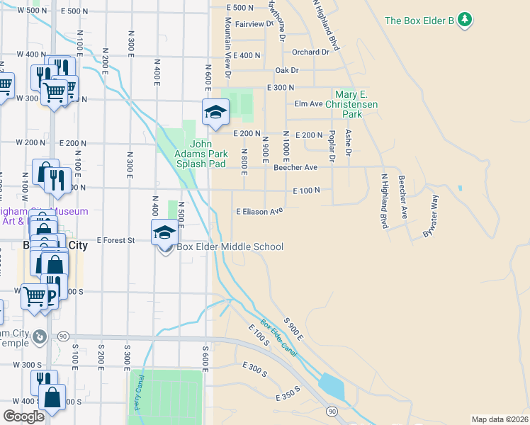 map of restaurants, bars, coffee shops, grocery stores, and more near 901 East Eliason Avenue in Brigham City