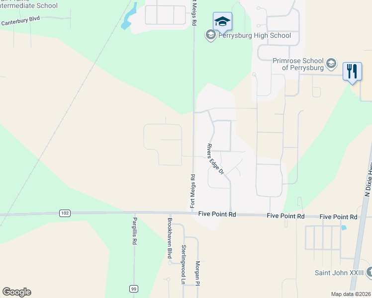 map of restaurants, bars, coffee shops, grocery stores, and more near 24608 Fort Meigs Road in Perrysburg