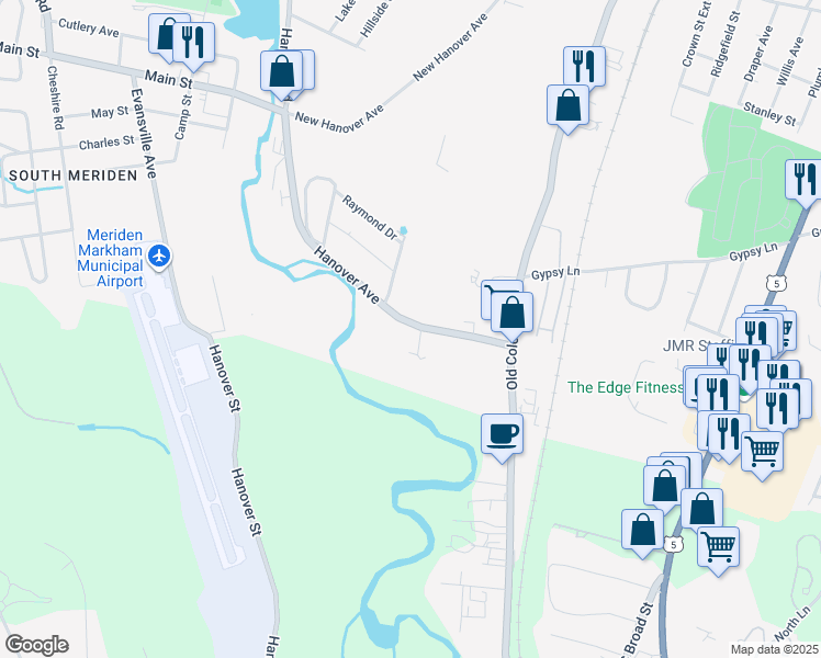 map of restaurants, bars, coffee shops, grocery stores, and more near 1367 Hanover Avenue in Meriden