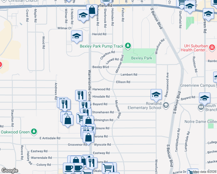 map of restaurants, bars, coffee shops, grocery stores, and more near 4053 Hinsdale Road in South Euclid