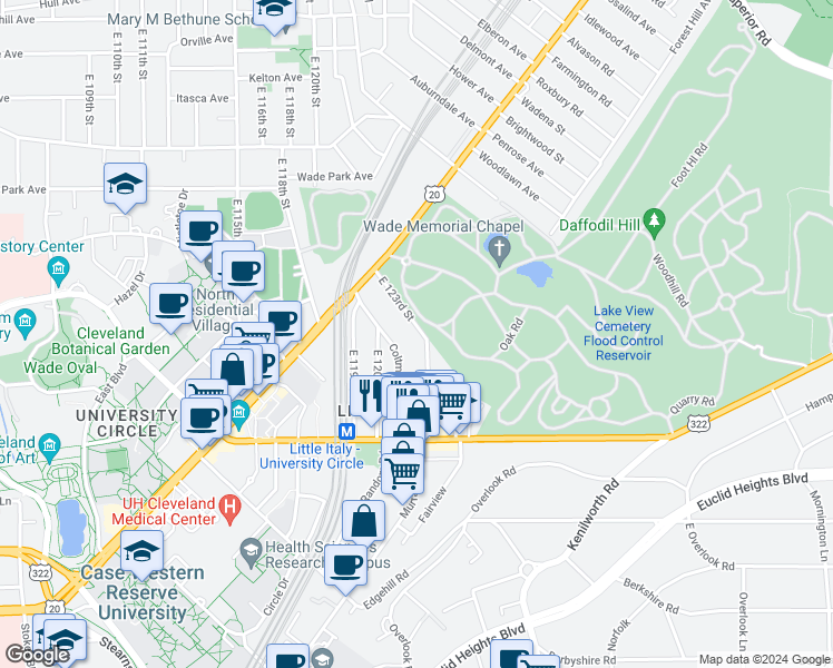map of restaurants, bars, coffee shops, grocery stores, and more near 1913 Coltman Road in Cleveland
