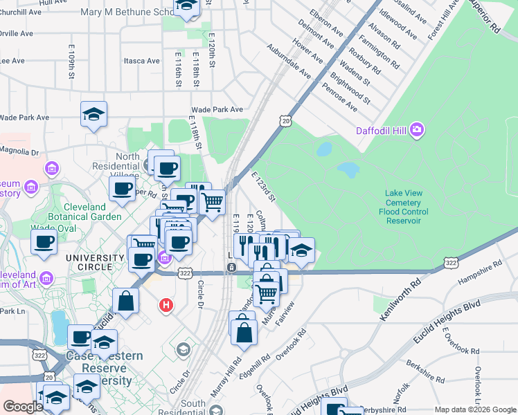 map of restaurants, bars, coffee shops, grocery stores, and more near 1913 Coltman Road in Cleveland