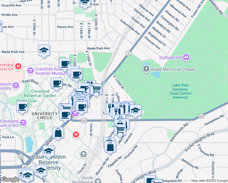 map of restaurants, bars, coffee shops, grocery stores, and more near 1913 Coltman Road in Cleveland