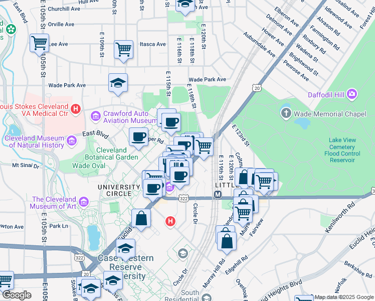 map of restaurants, bars, coffee shops, grocery stores, and more near in Cleveland