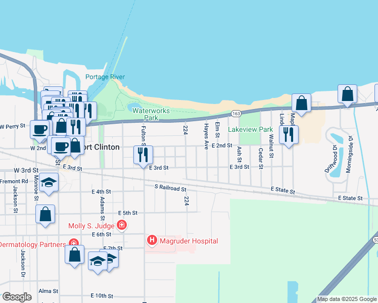 map of restaurants, bars, coffee shops, grocery stores, and more near 224 Lincoln Drive in Port Clinton