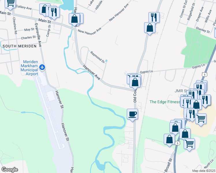map of restaurants, bars, coffee shops, grocery stores, and more near 1367 Hanover Avenue in Meriden