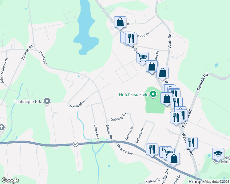 map of restaurants, bars, coffee shops, grocery stores, and more near 10A Evergreen Lane in Prospect