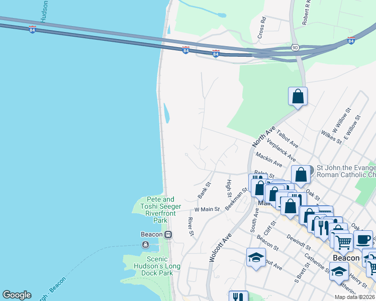 map of restaurants, bars, coffee shops, grocery stores, and more near 1 Tompkins Terrace in Beacon
