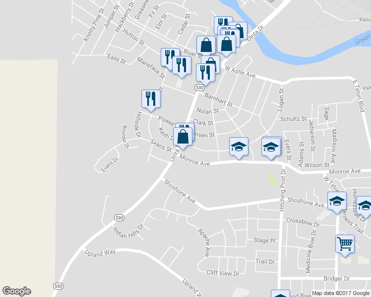map of restaurants, bars, coffee shops, grocery stores, and more near 823 Uinta Drive in Green River
