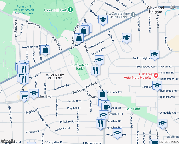 map of restaurants, bars, coffee shops, grocery stores, and more near 3085 Somerton Road in Cleveland Heights