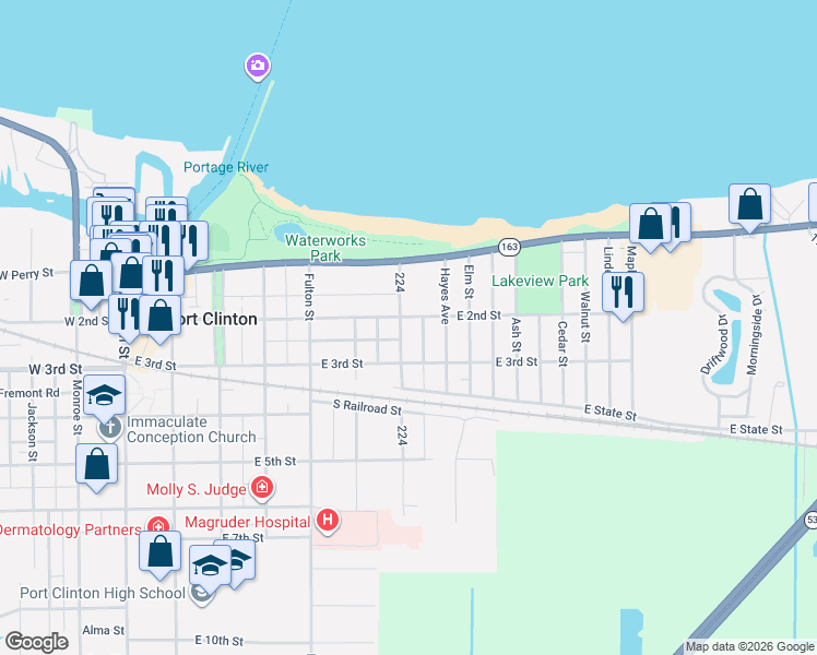map of restaurants, bars, coffee shops, grocery stores, and more near 224 Lincoln Drive in Port Clinton