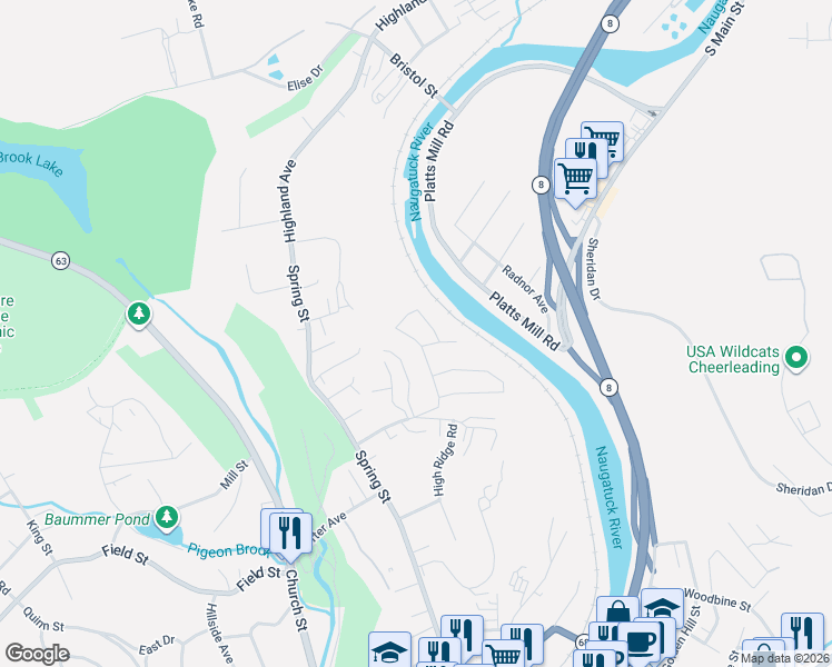 map of restaurants, bars, coffee shops, grocery stores, and more near 114 Thunderbird Drive in Naugatuck