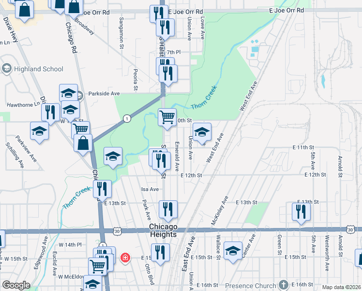 map of restaurants, bars, coffee shops, grocery stores, and more near 1020 Emerald Avenue in Chicago Heights