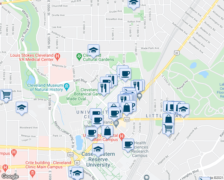 map of restaurants, bars, coffee shops, grocery stores, and more near 11341 Juniper Road in Cleveland