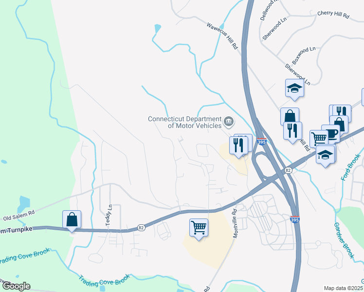 map of restaurants, bars, coffee shops, grocery stores, and more near 179 Briar Lane in Norwich