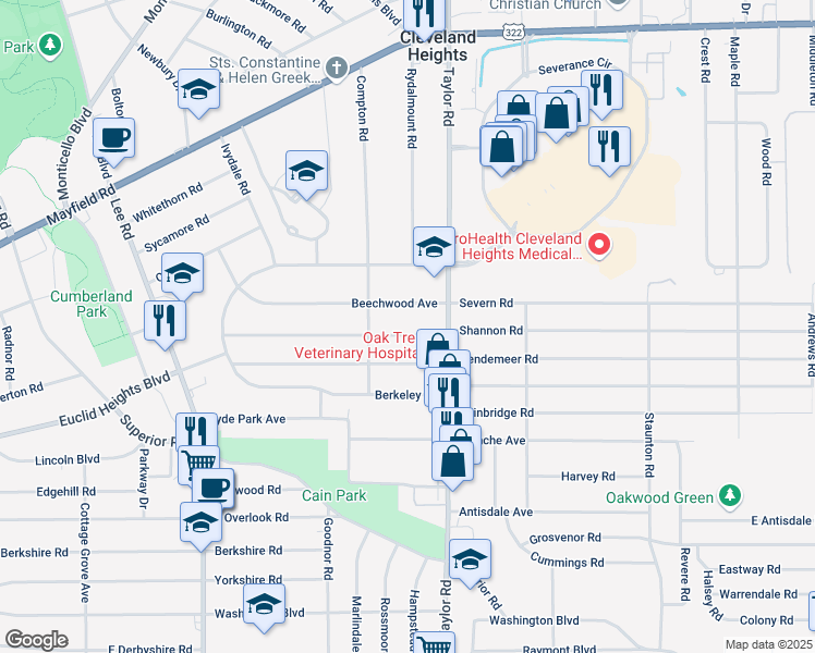 map of restaurants, bars, coffee shops, grocery stores, and more near 3419 Altamont Road in Cleveland