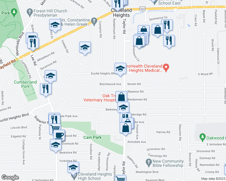 map of restaurants, bars, coffee shops, grocery stores, and more near 3405 Beechwood Avenue in Cleveland Heights