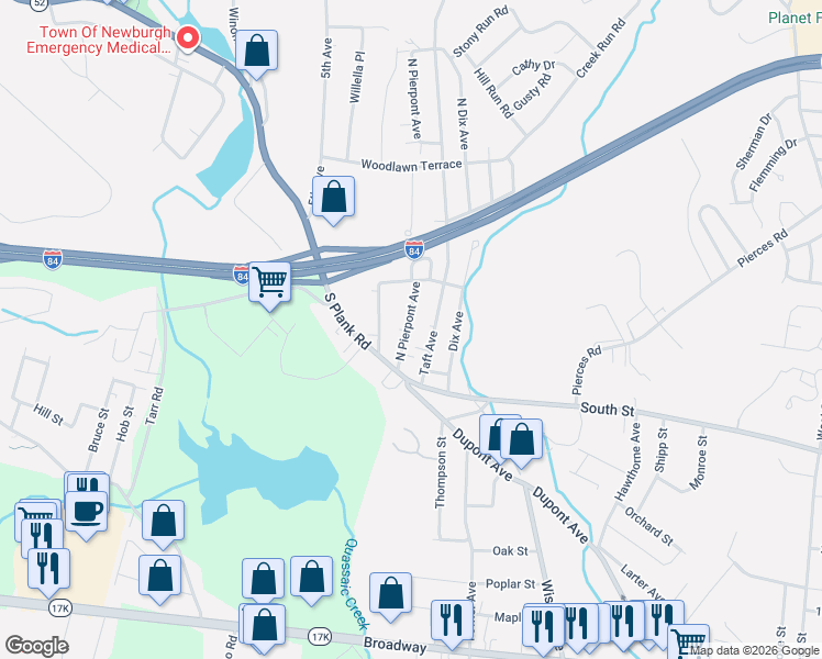 map of restaurants, bars, coffee shops, grocery stores, and more near 25 North Pierpont Avenue in Newburgh