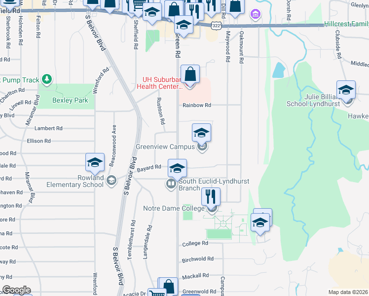 map of restaurants, bars, coffee shops, grocery stores, and more near 1745 South Green Road in South Euclid