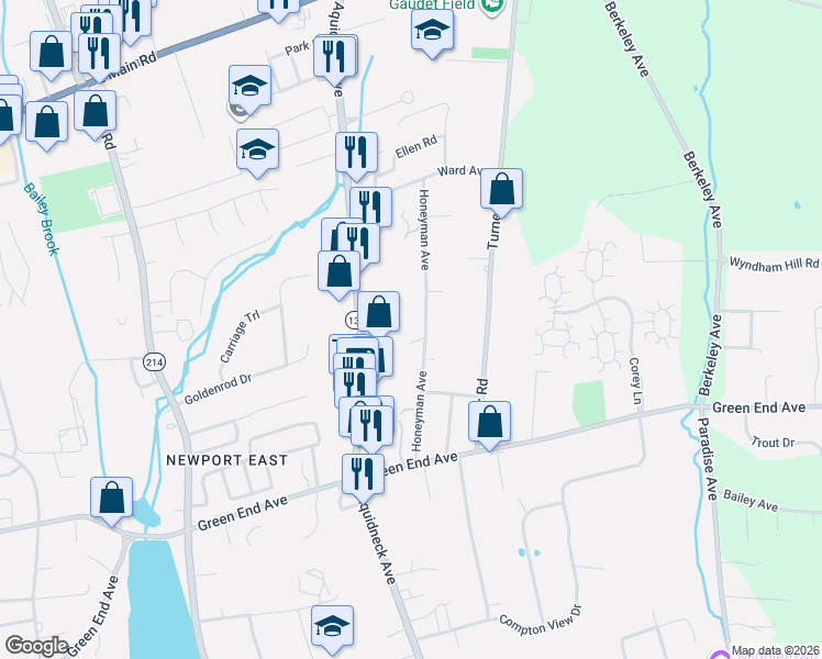 map of restaurants, bars, coffee shops, grocery stores, and more near 170 Honeyman Avenue in Middletown