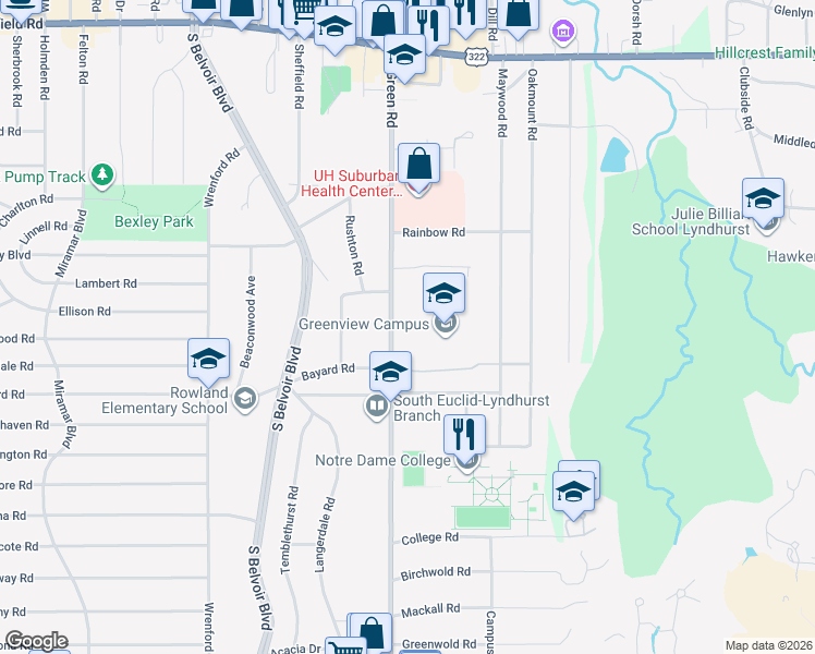 map of restaurants, bars, coffee shops, grocery stores, and more near 1745 South Green Road in South Euclid
