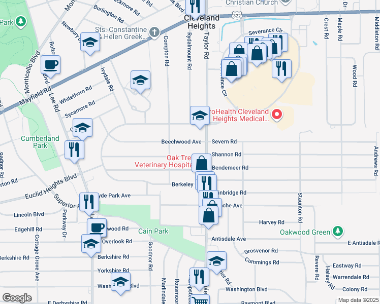 map of restaurants, bars, coffee shops, grocery stores, and more near 3439 Beechwood Avenue in Cleveland Heights