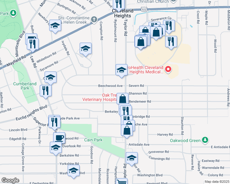 map of restaurants, bars, coffee shops, grocery stores, and more near 3405 Beechwood Avenue in Cleveland Heights