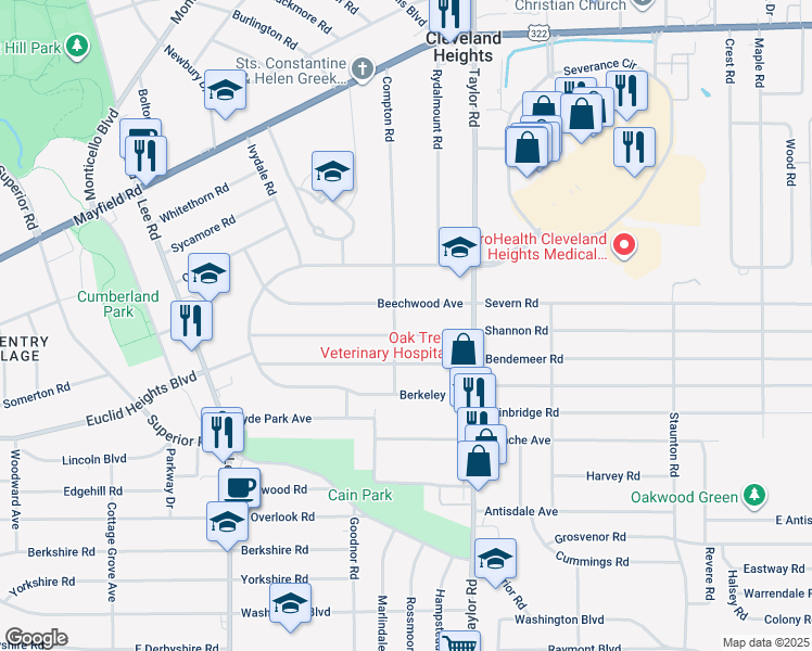 map of restaurants, bars, coffee shops, grocery stores, and more near 3405 Beechwood Avenue in Cleveland Heights