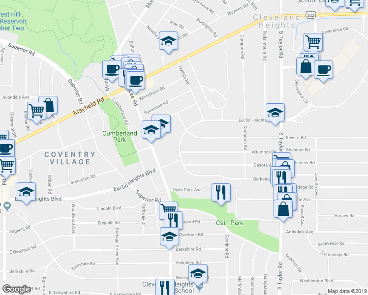 map of restaurants, bars, coffee shops, grocery stores, and more near 3248 Euclid Heights Boulevard in Cleveland Heights
