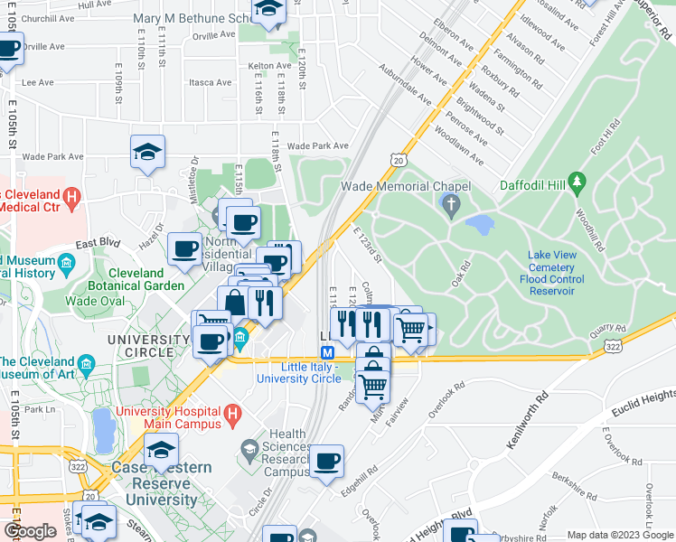 map of restaurants, bars, coffee shops, grocery stores, and more near 119 East 119th Street in Cleveland