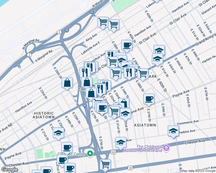 map of restaurants, bars, coffee shops, grocery stores, and more near 1410 East 33rd Street in Cleveland