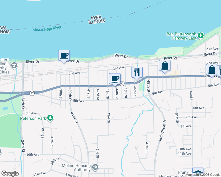 map of restaurants, bars, coffee shops, grocery stores, and more near 244 43rd St in Moline