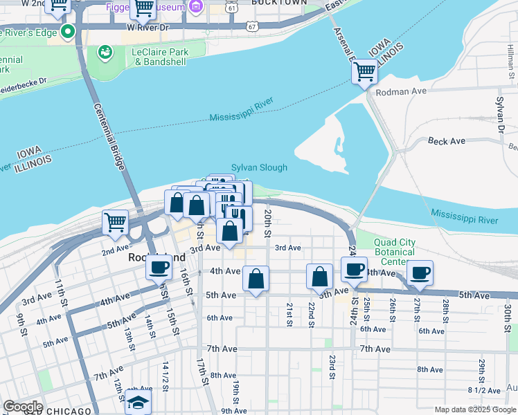 map of restaurants, bars, coffee shops, grocery stores, and more near 1801 1st Avenue in Rock Island