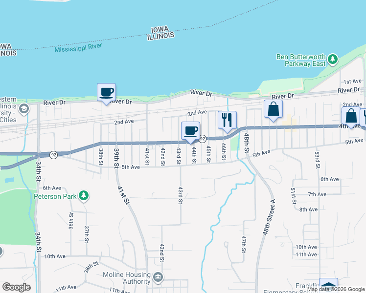 map of restaurants, bars, coffee shops, grocery stores, and more near 244 43rd St in Moline