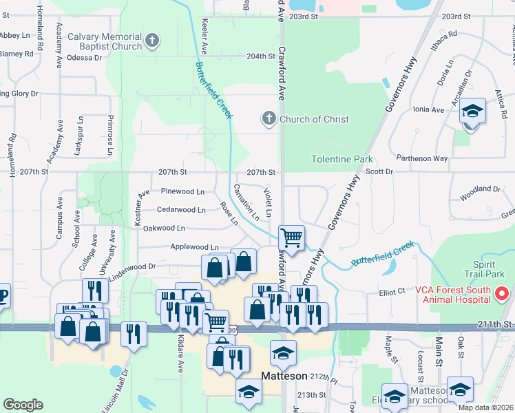 map of restaurants, bars, coffee shops, grocery stores, and more near 729 Carnation Lane in Matteson