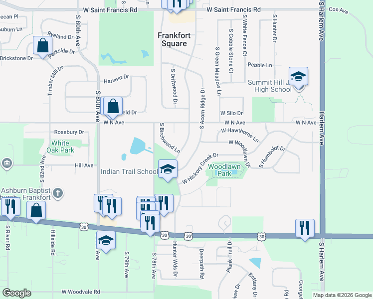 map of restaurants, bars, coffee shops, grocery stores, and more near 20738 South Frankfort Square Road in Frankfort
