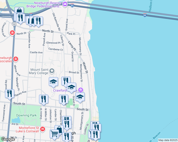 map of restaurants, bars, coffee shops, grocery stores, and more near 207 Water Street in Newburgh