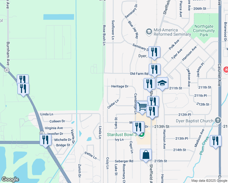 map of restaurants, bars, coffee shops, grocery stores, and more near 49-53 Heritage Dr in Dyer