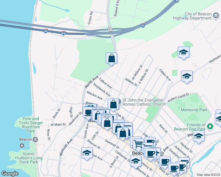 map of restaurants, bars, coffee shops, grocery stores, and more near 29 Dutchess Terrace in Beacon